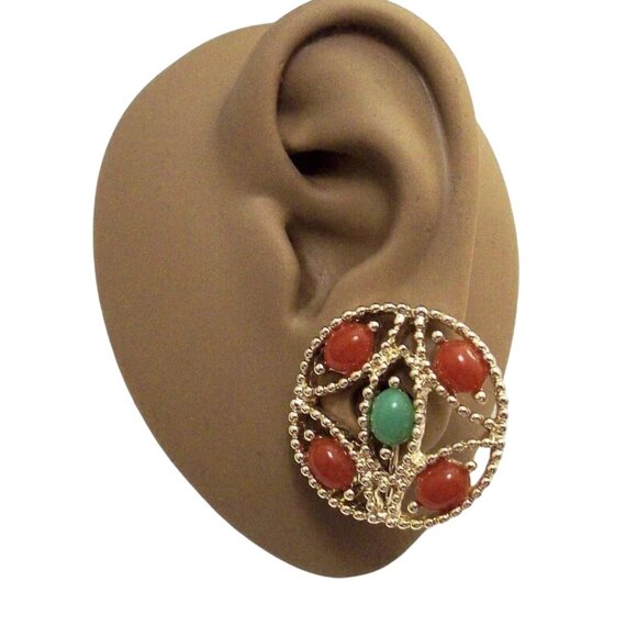 Sarah Coventry Orange Coral Green Lime Discs Clip On Earrings Gold Tone - Picture 5 of 6